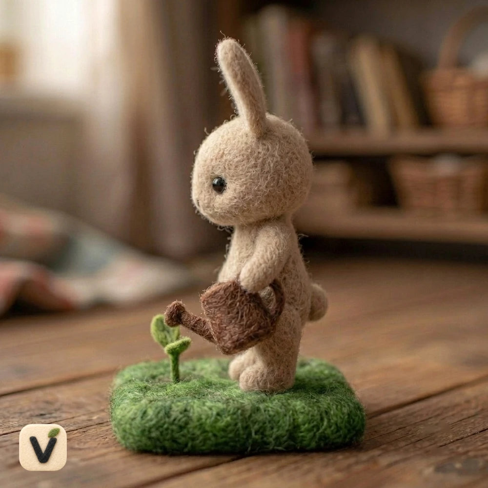 Handmade Wool Felt Gardening Bunny Figurine with Watering Can & Grass Base – Cottage Garden Mini Scene Decor