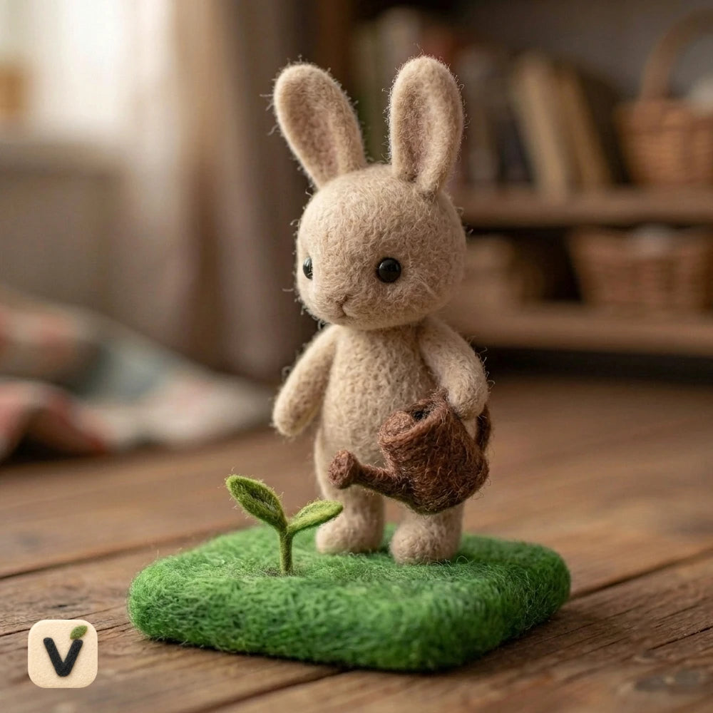 Handmade Wool Felt Gardening Bunny Figurine with Watering Can & Grass Base – Cottage Garden Mini Scene Decor