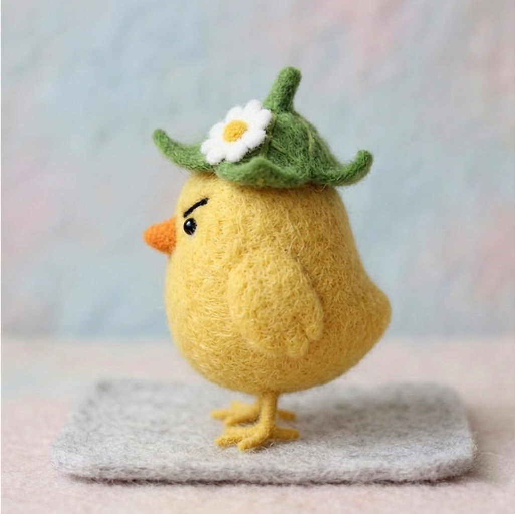 Handmade Wool Felt Grumpy Chick with Leaf Hat Figurine – Cute Whimsical Decor