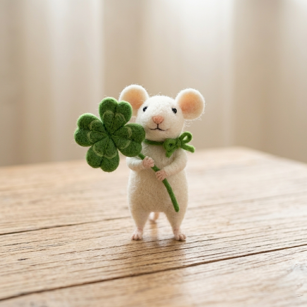 Handmade Wool Felt Lucky Clover Mouse Figurine – Whimsical Good Luck Decor