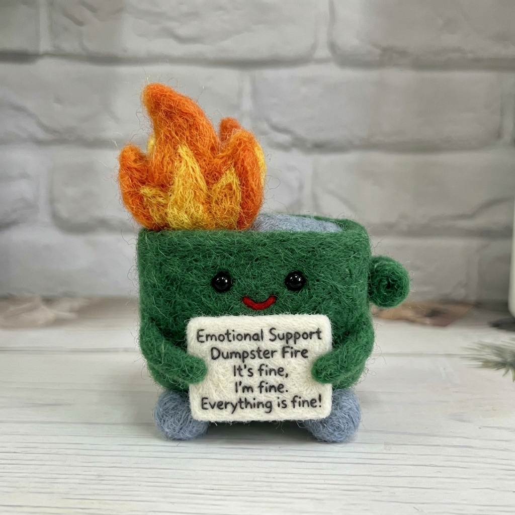 Handmade Wool Felt Emotional Support Dumpster Fire Figurine – Funny Relatable Desk Decor