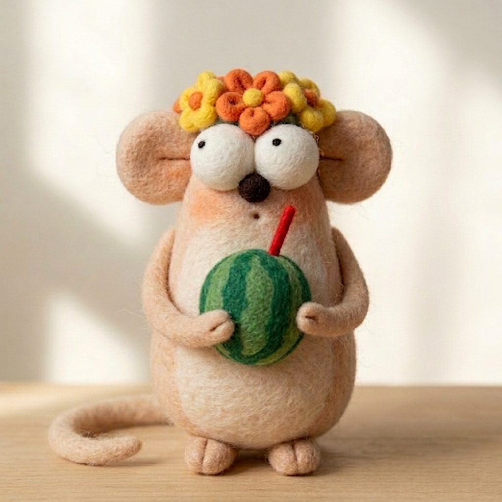 Handmade Wool Felt Summer Mouse with Watermelon Drink Figurine – Cute Whimsical Decor