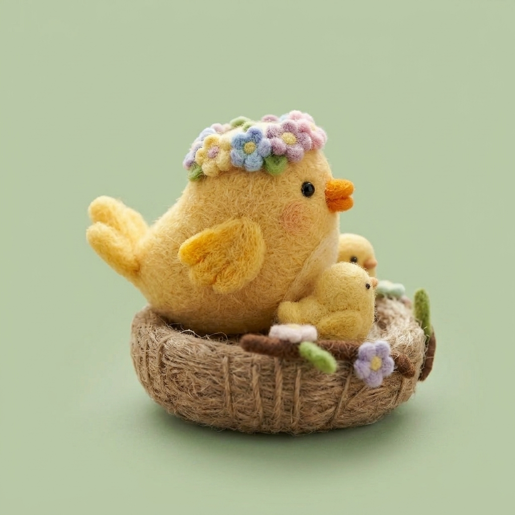 Handmade Wool Felt Mama Chick with Chicks in Nest Figurine – Whimsical Spring Decor
