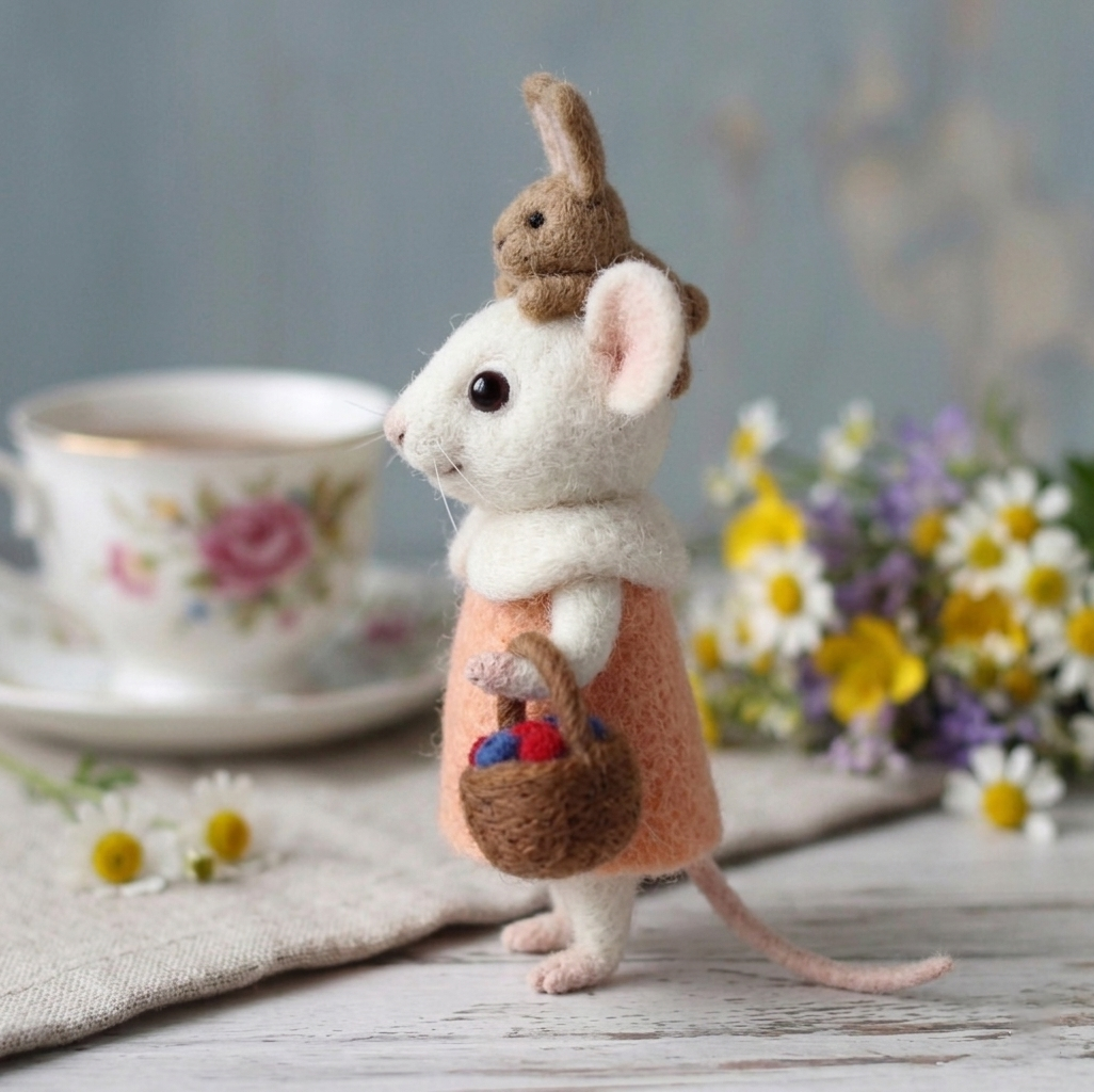 Handmade Wool Felt Mouse with Bunny Friend & Berry Basket Figurine – Cute Whimsical Storybook Decor