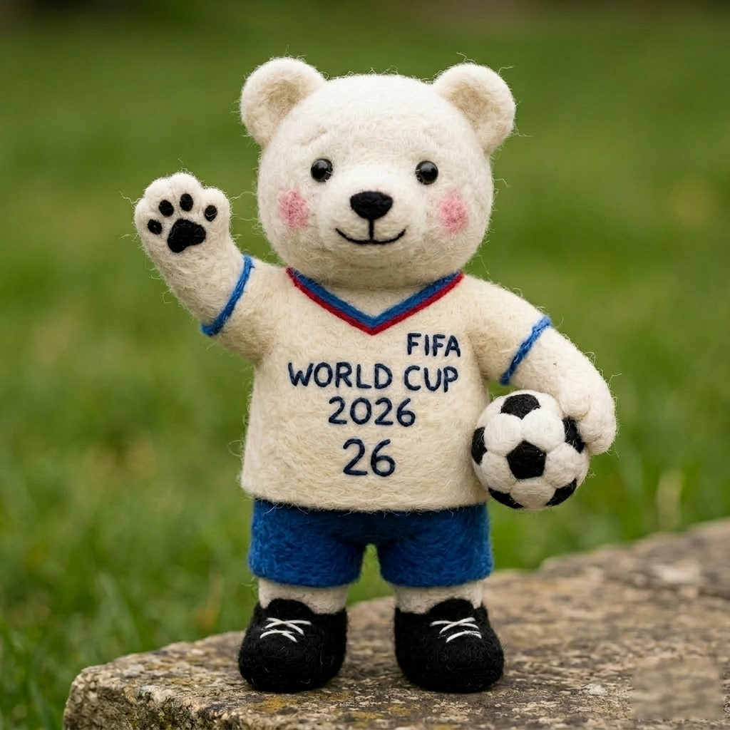 Handmade Wool Felt FIFA World Cup 2026 Polar Bear Figurine – Cute Sports Decor