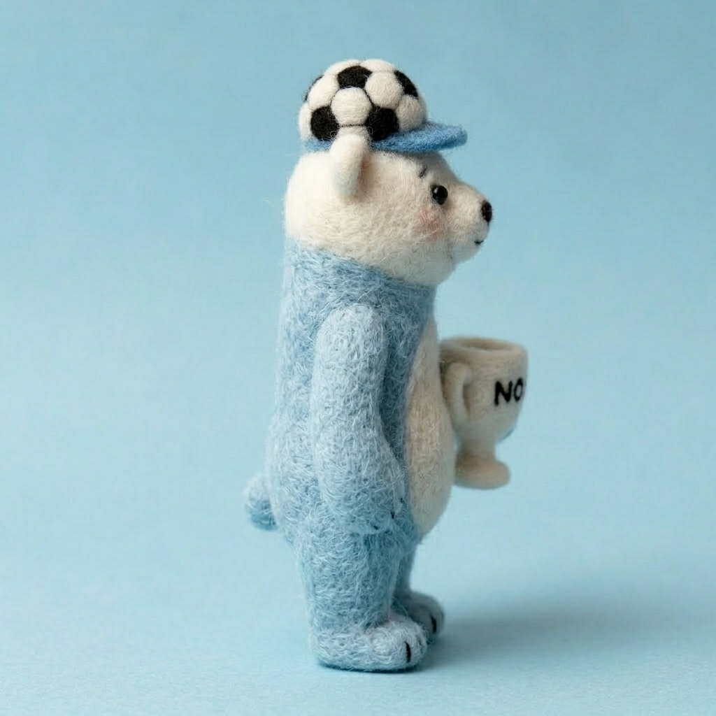 Handmade Wool Felt Soccer Champion Bear Figurine – Cute Sports Decor