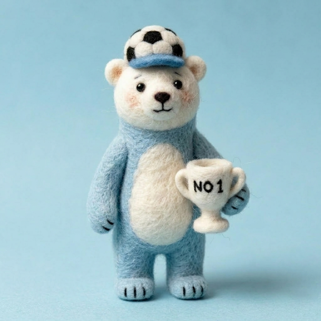 Handmade Wool Felt Soccer Champion Bear Figurine – Cute Sports Decor