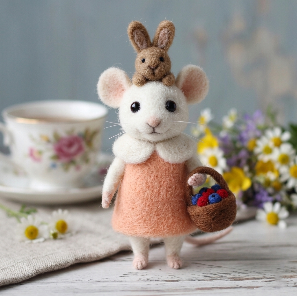 Handmade Wool Felt Mouse with Bunny Friend & Berry Basket Figurine – Cute Whimsical Storybook Decor