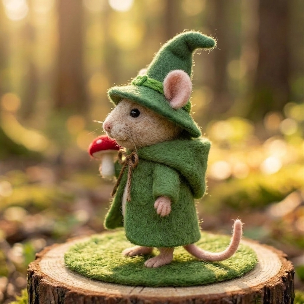 Handmade Wool Felt Forest Wizard Mouse Figurine – Whimsical Woodland Decor