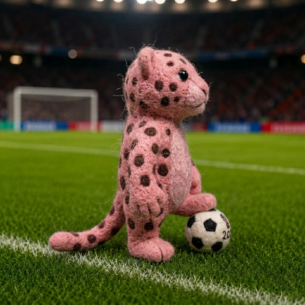 Handmade Wool Felt 2026 World Cup Pink Leopard Figurine – Stylish Sports Decor