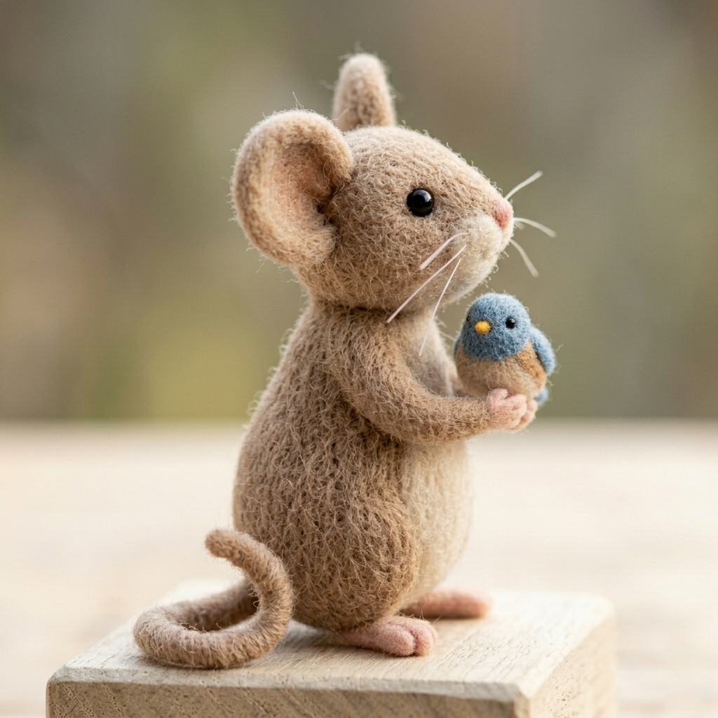 Handmade Wool Felt Mouse with Blue Bird Figurine – Cute Whimsical Woodland Decor