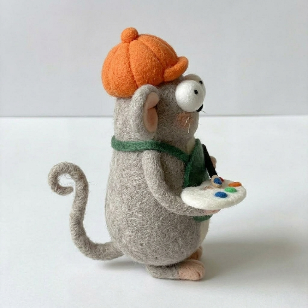 Handmade Wool Felt Artist Mouse Figurine – Cute Creative Themed Decor