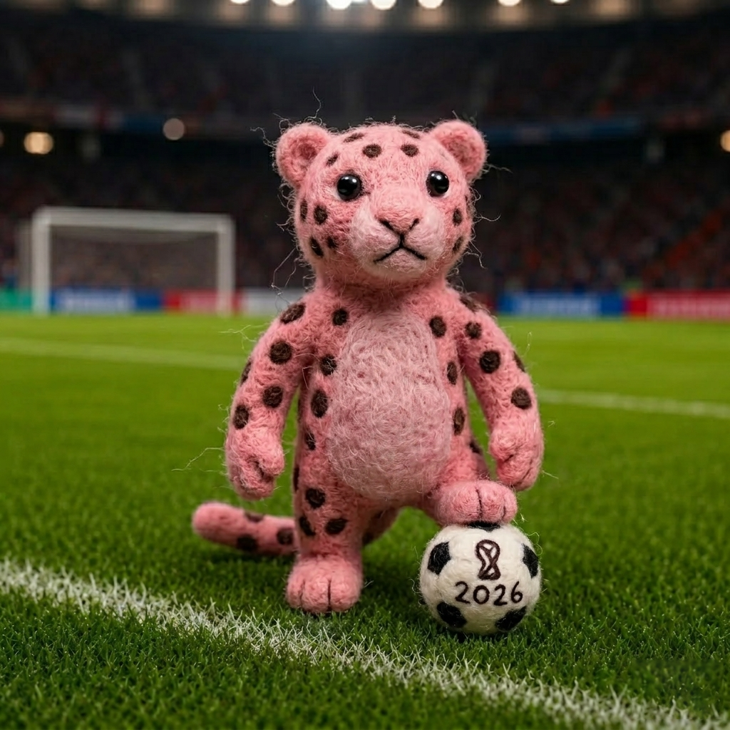 Handmade Wool Felt 2026 World Cup Pink Leopard Figurine – Stylish Sports Decor