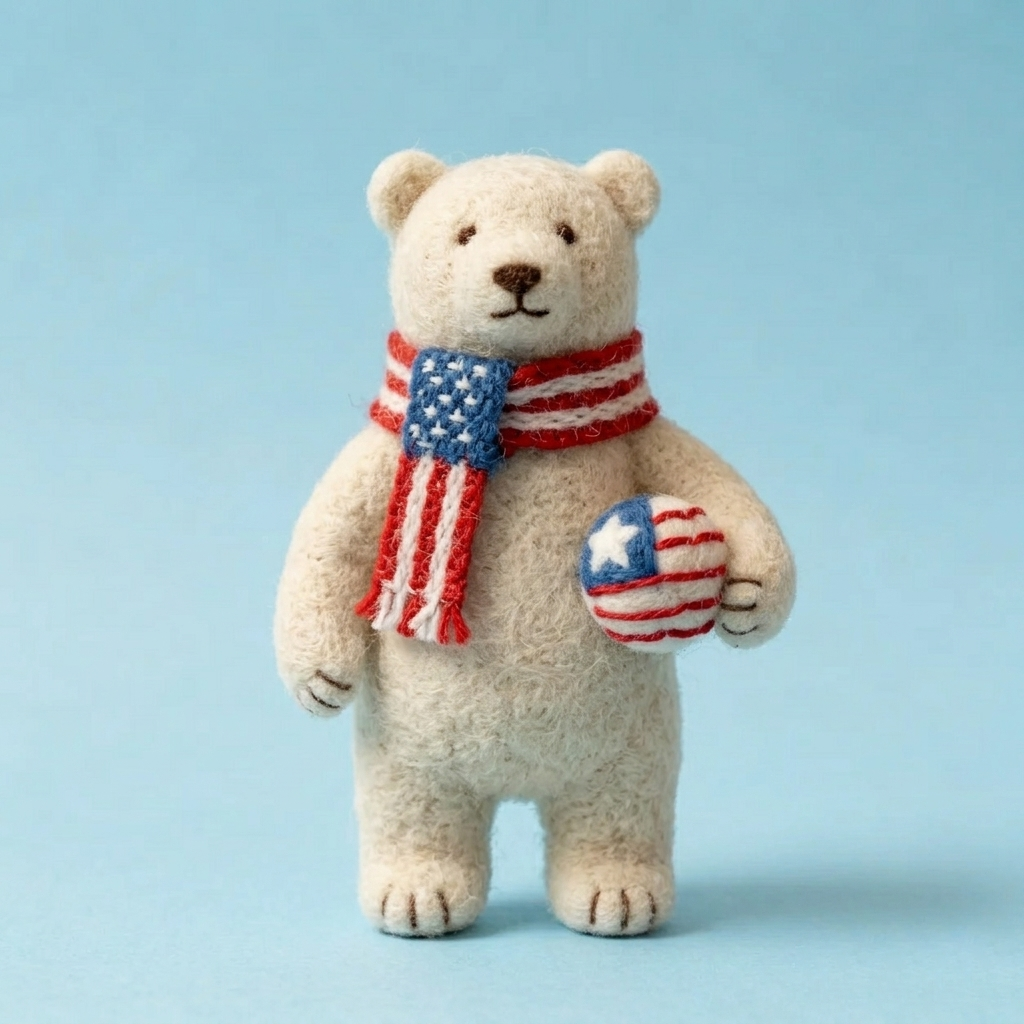 Handmade Wool Felt USA Patriotic Polar Bear Figurine – Cute Sports Decor