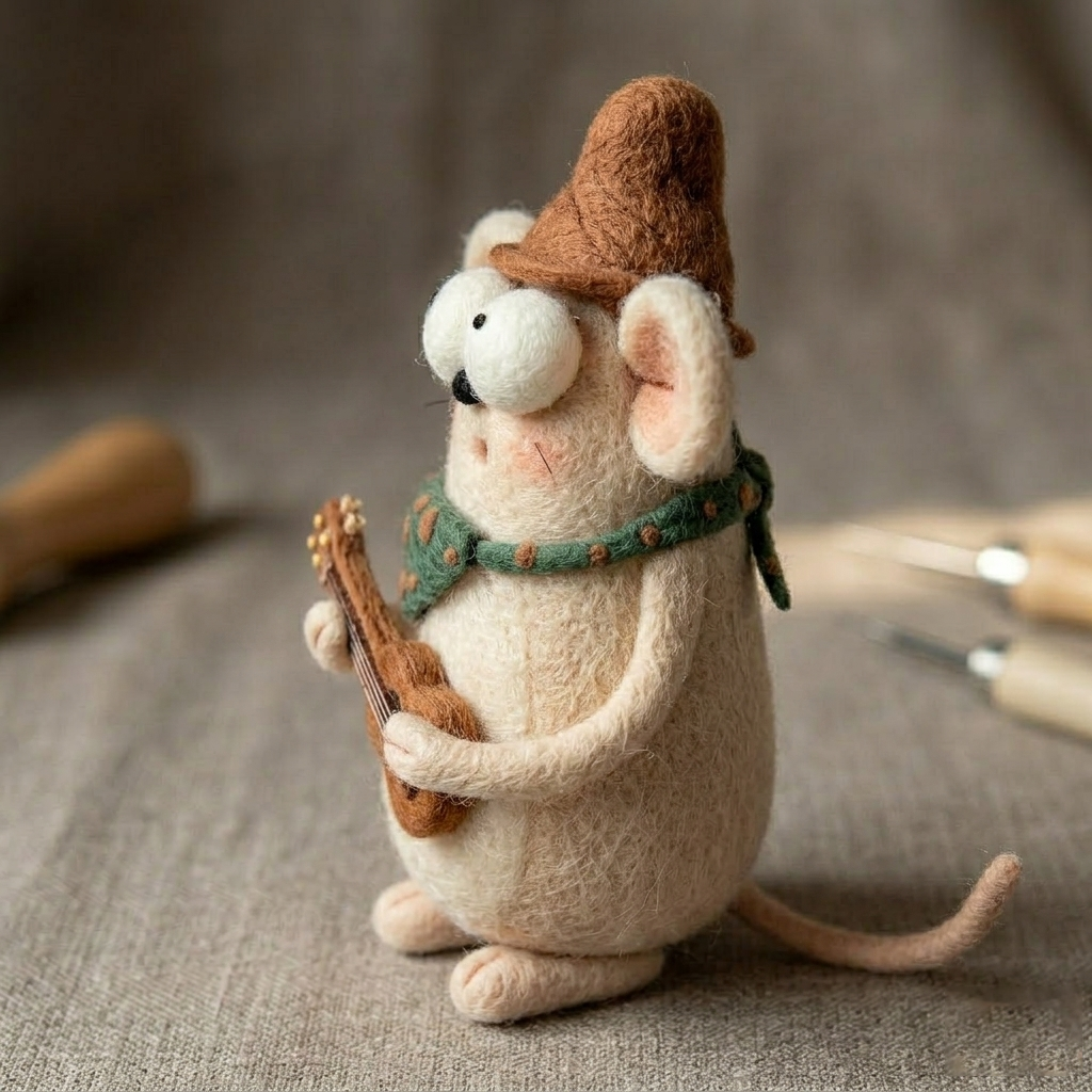 Handmade Wool Felt Musician Mouse with Guitar Figurine – Cute Whimsical Decor