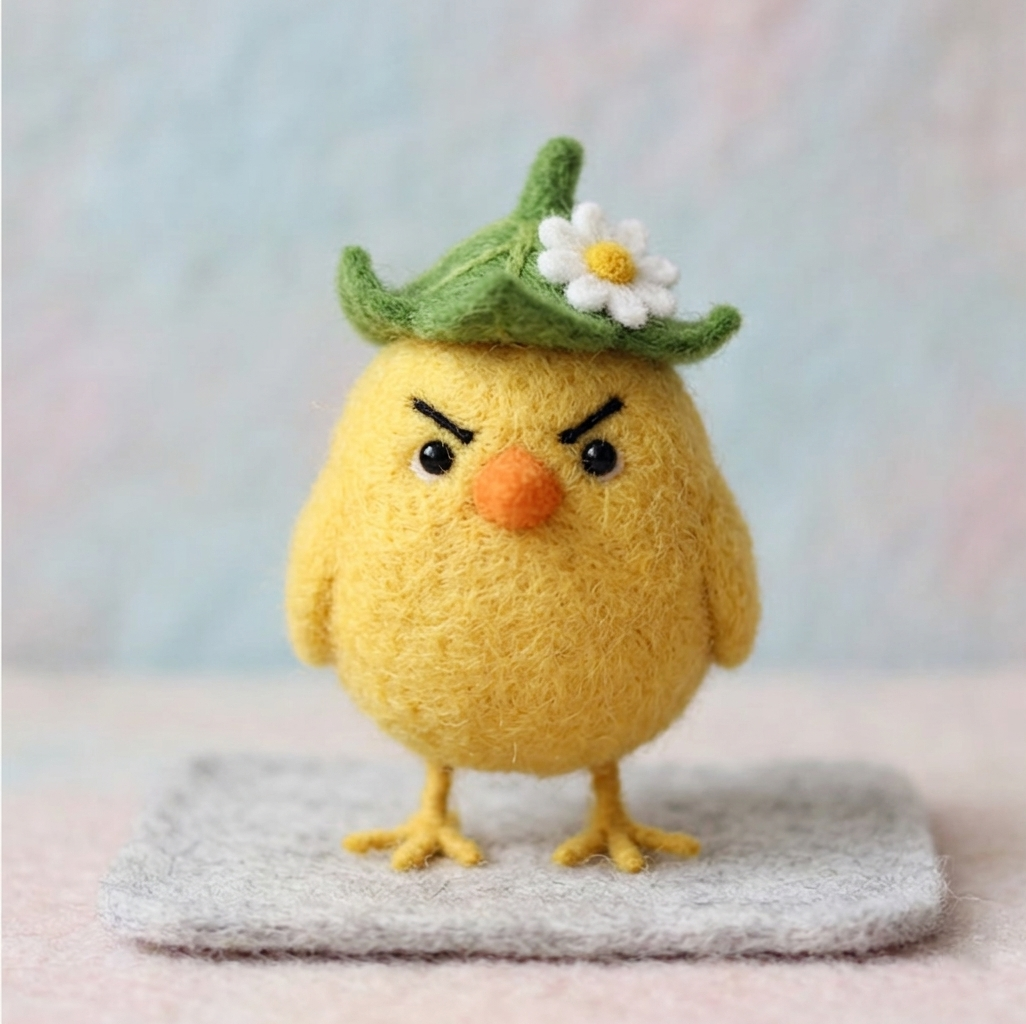 Handmade Wool Felt Grumpy Chick with Leaf Hat Figurine – Cute Whimsical Decor