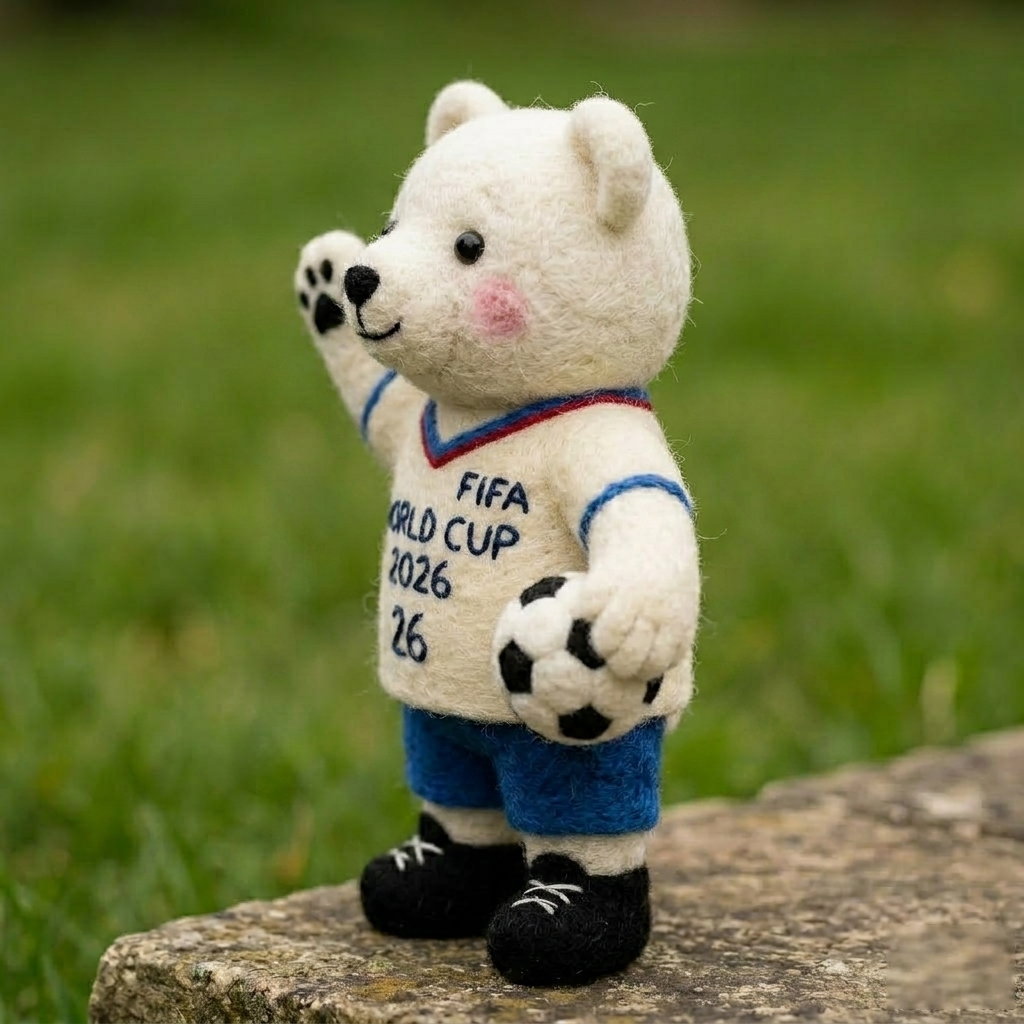 Handmade Wool Felt FIFA World Cup 2026 Polar Bear Figurine – Cute Sports Decor