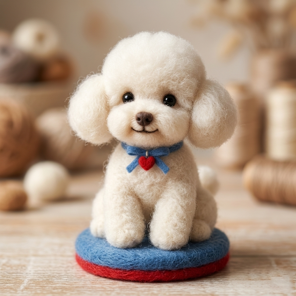 Handmade Wool Felt Fluffy White Poodle Figurine – Cute Pet Decor