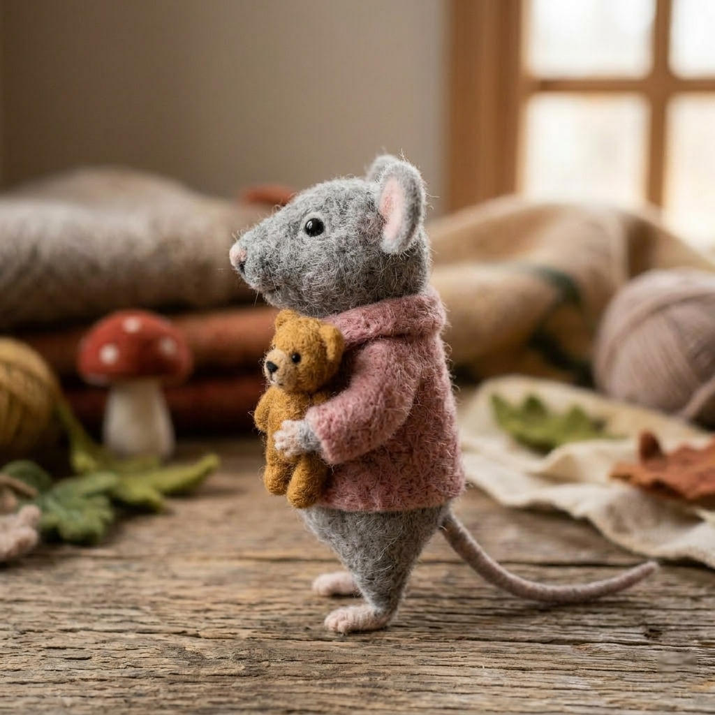 Handmade Wool Felt Mouse with Teddy Bear Figurine – Cute Whimsical Cozy Decor