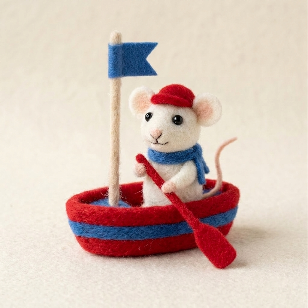 Handmade Wool Felt Sailor Mouse in Boat Figurine – Cute Whimsical Decor