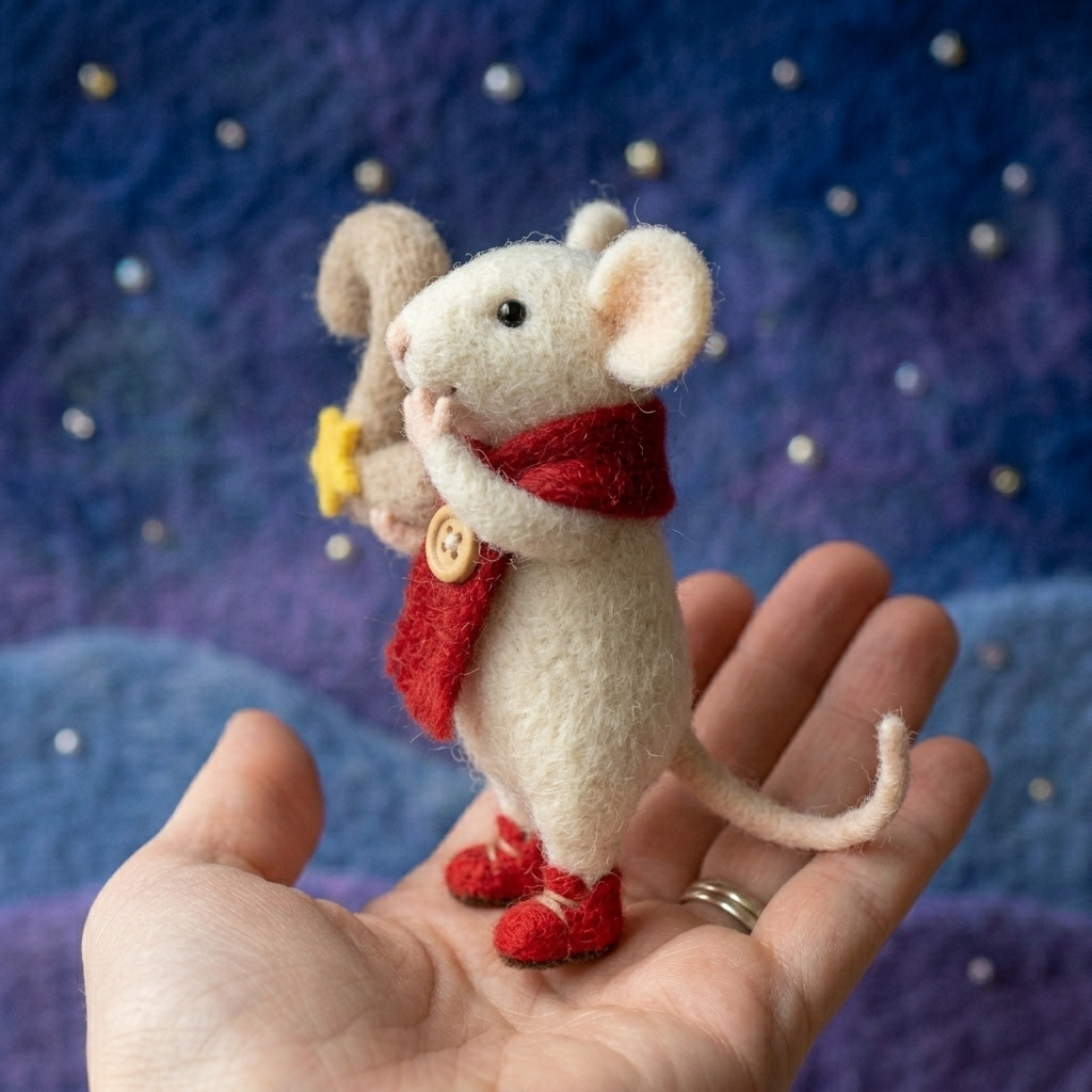 Handmade Wool Felt White Mouse with Candy Cane Figurine – Cute Festive Holiday Decor