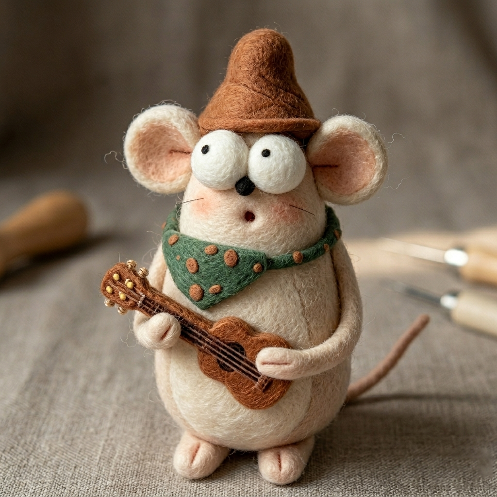 Handmade Wool Felt Musician Mouse with Guitar Figurine – Cute Whimsical Decor