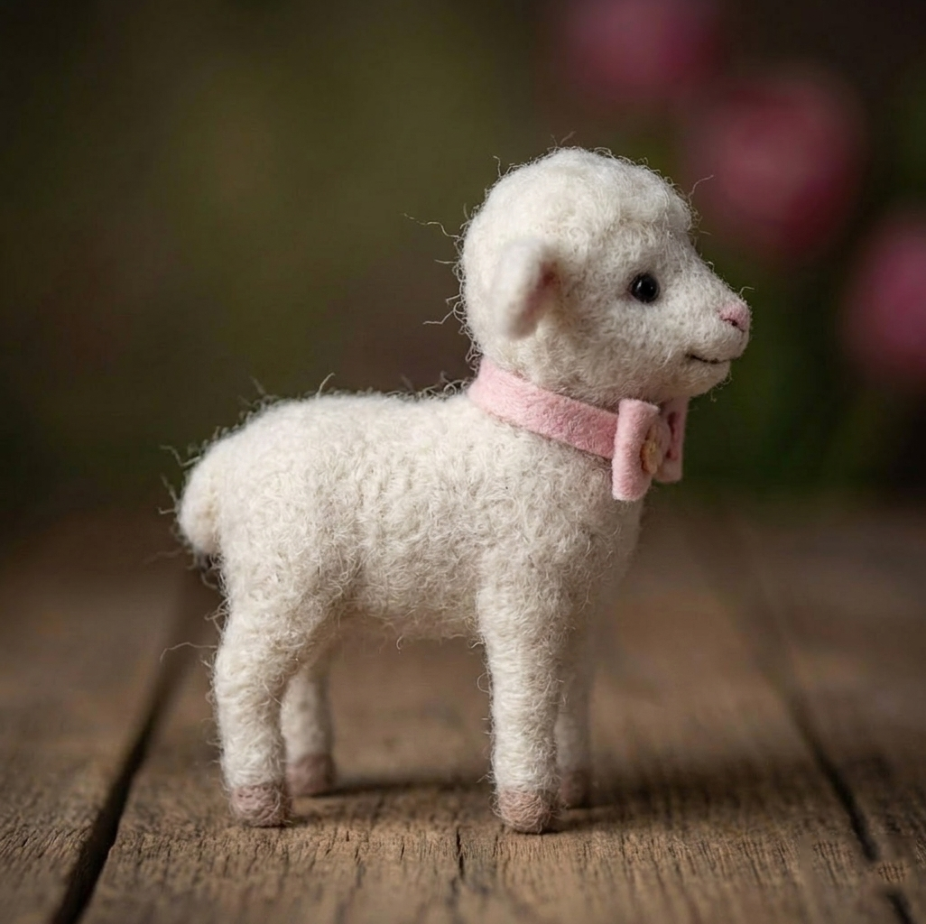 Handmade Wool Felt Lamb with Pink Bow Tie Figurine – Cute Whimsical Decor