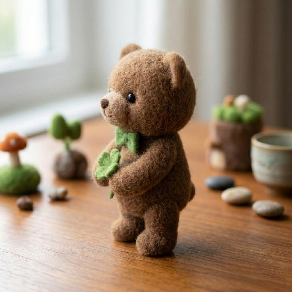 Handmade Wool Felt Lucky Clover Teddy Bear Figurine – Cute Whimsical Decor