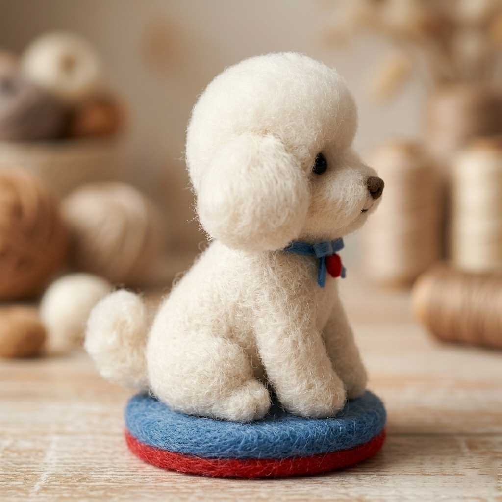 Handmade Wool Felt Fluffy White Poodle Figurine – Cute Pet Decor
