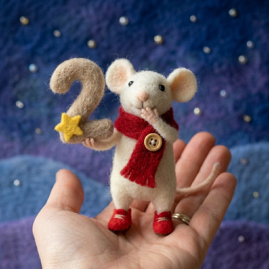 Handmade Wool Felt White Mouse with Candy Cane Figurine – Cute Festive Holiday Decor