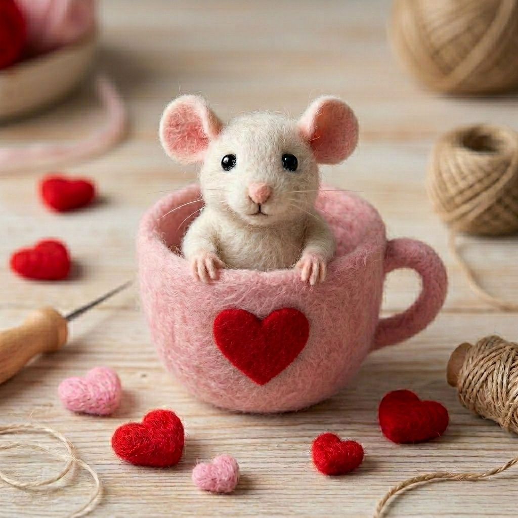 Handmade Wool Felt Teacup Mouse with Heart Figurine – Cute Whimsical Decor