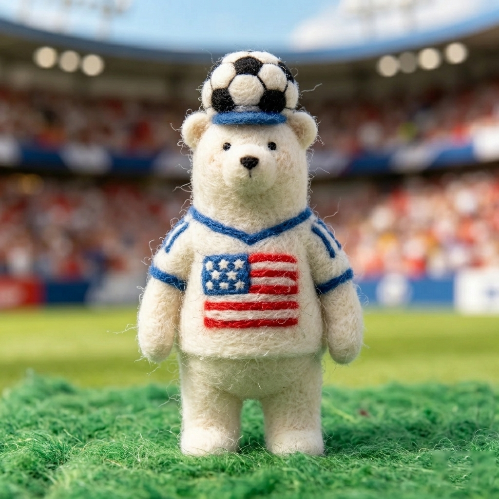 Handmade Wool Felt USA Soccer Polar Bear Figurine – Cute Patriotic Sports Decor