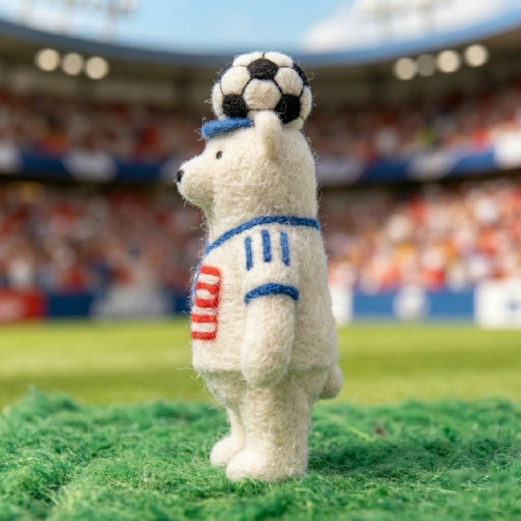 Handmade Wool Felt USA Soccer Polar Bear Figurine – Cute Patriotic Sports Decor
