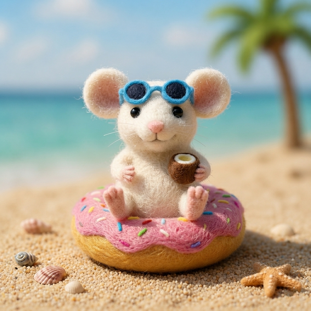 Handmade Wool Felt Beach Mouse on Donut Float Figurine – Cute Summer Decor
