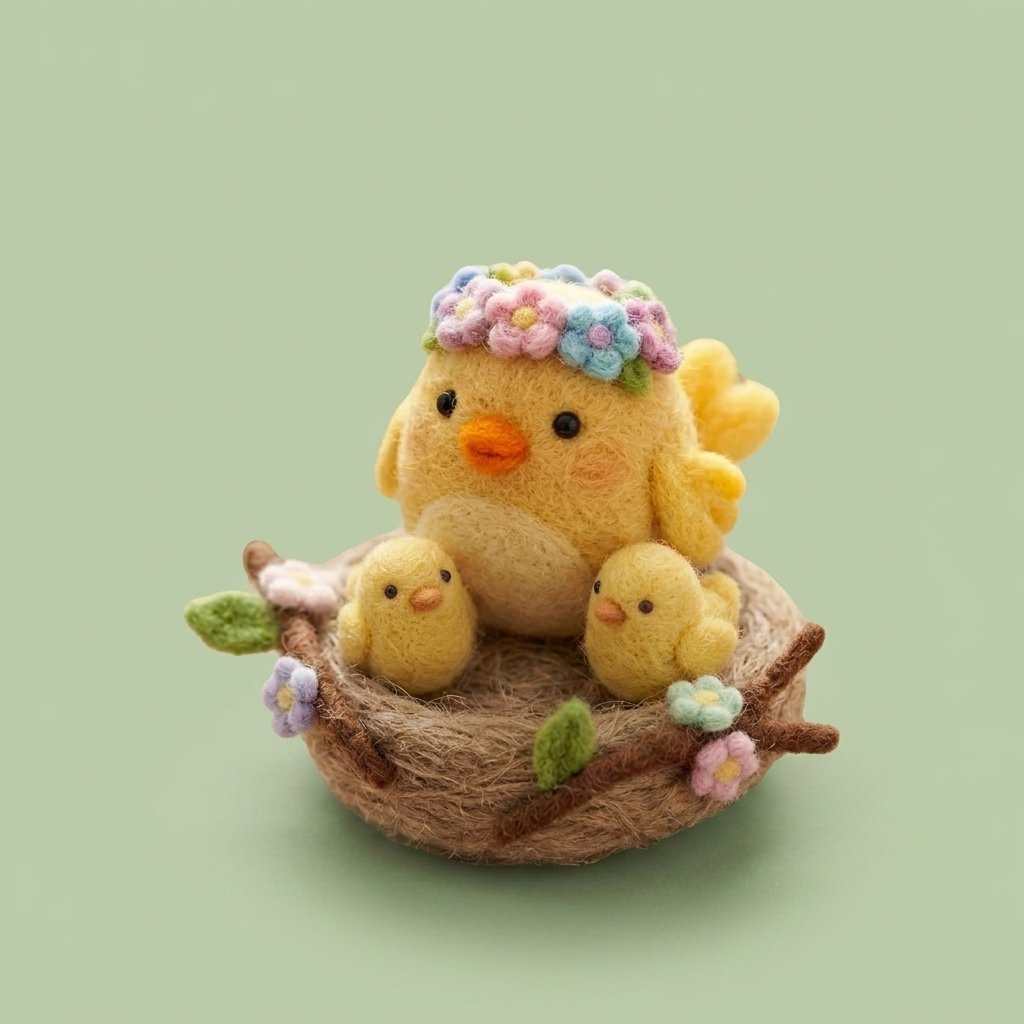 Handmade Wool Felt Mama Chick with Chicks in Nest Figurine – Whimsical Spring Decor
