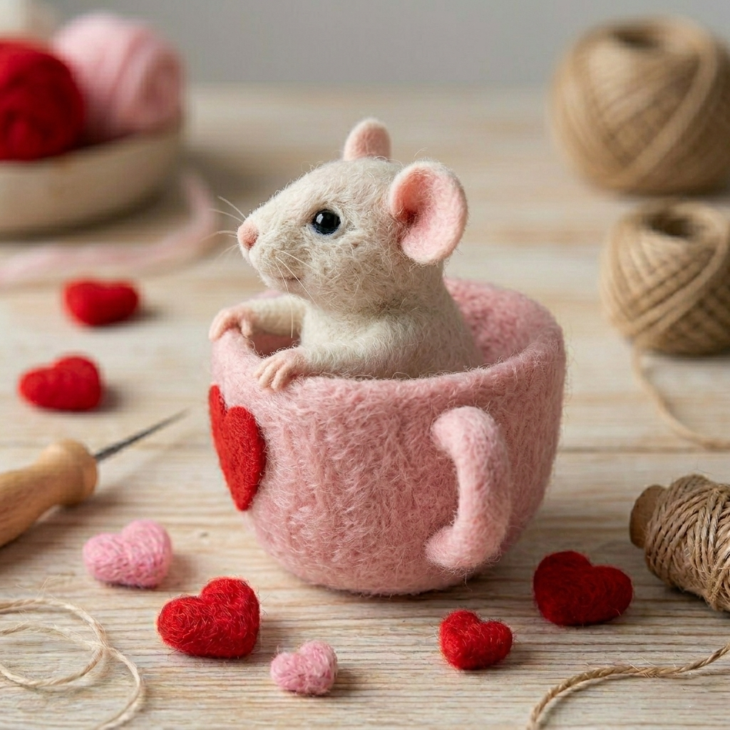 Handmade Wool Felt Teacup Mouse with Heart Figurine – Cute Whimsical Decor