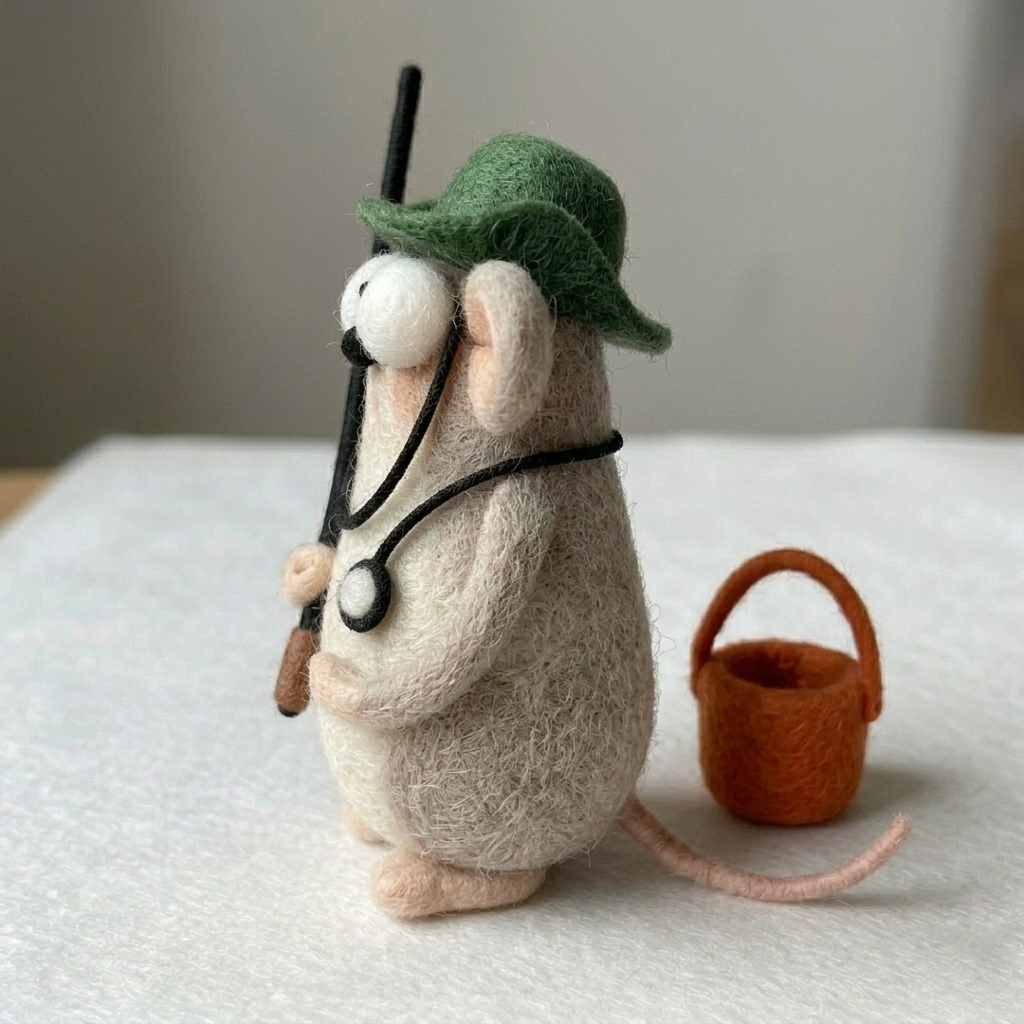 Handmade Wool Felt Fisherman Mouse Figurine – Cute Outdoor Themed Decor