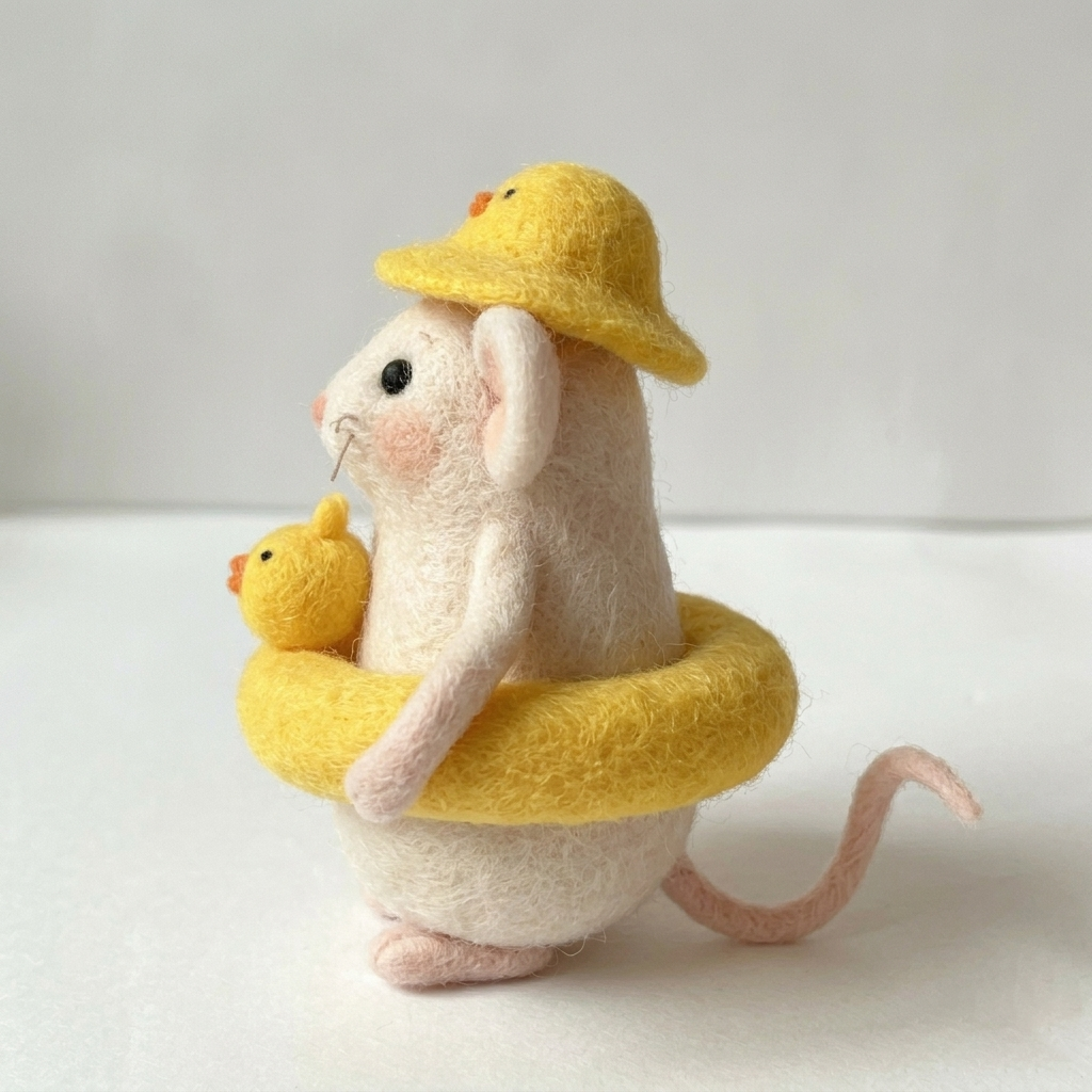 Handmade Wool Felt Summer Duck-themed Mouse Figurine – Cute Beach & Pool Decor