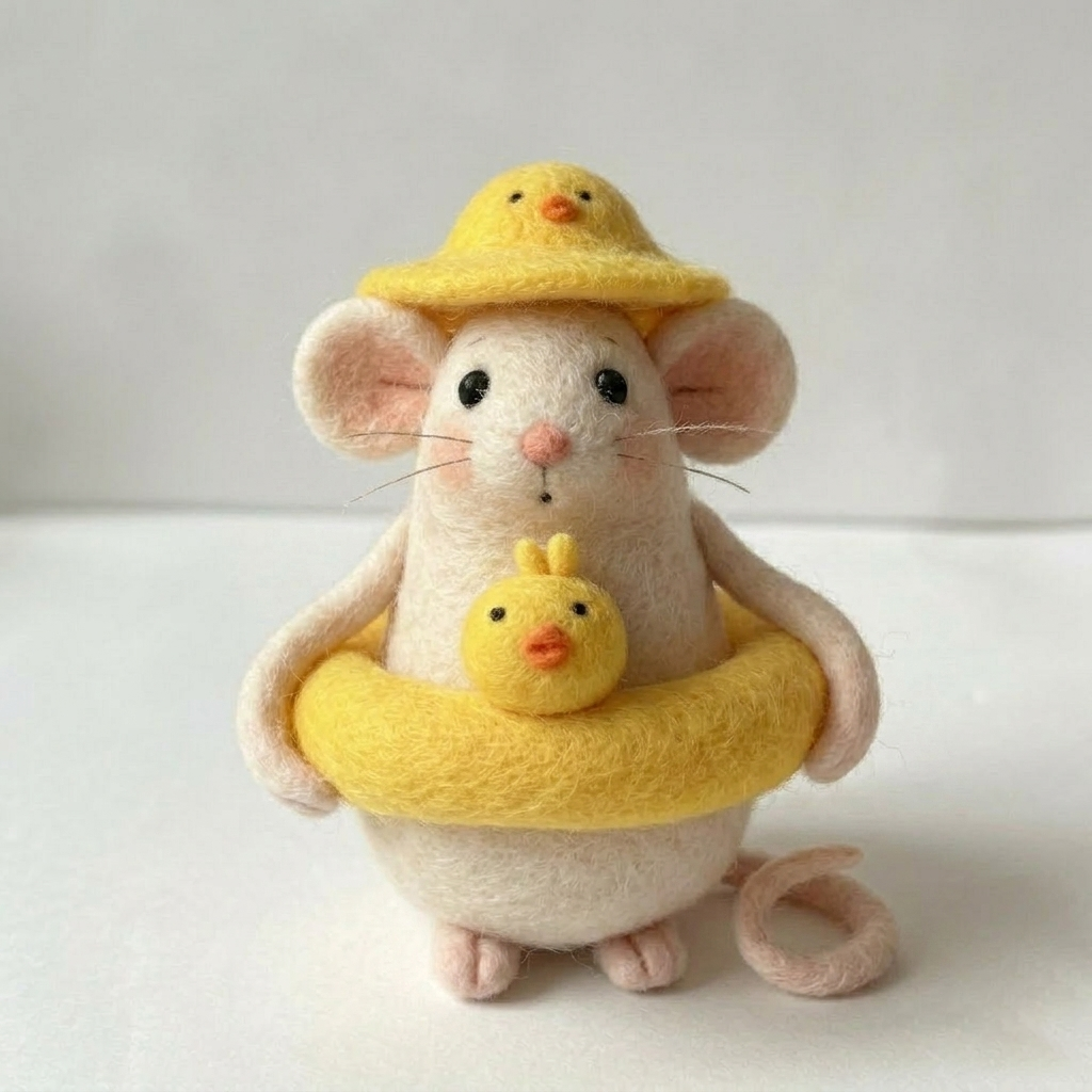 Handmade Wool Felt Summer Duck-themed Mouse Figurine – Cute Beach & Pool Decor