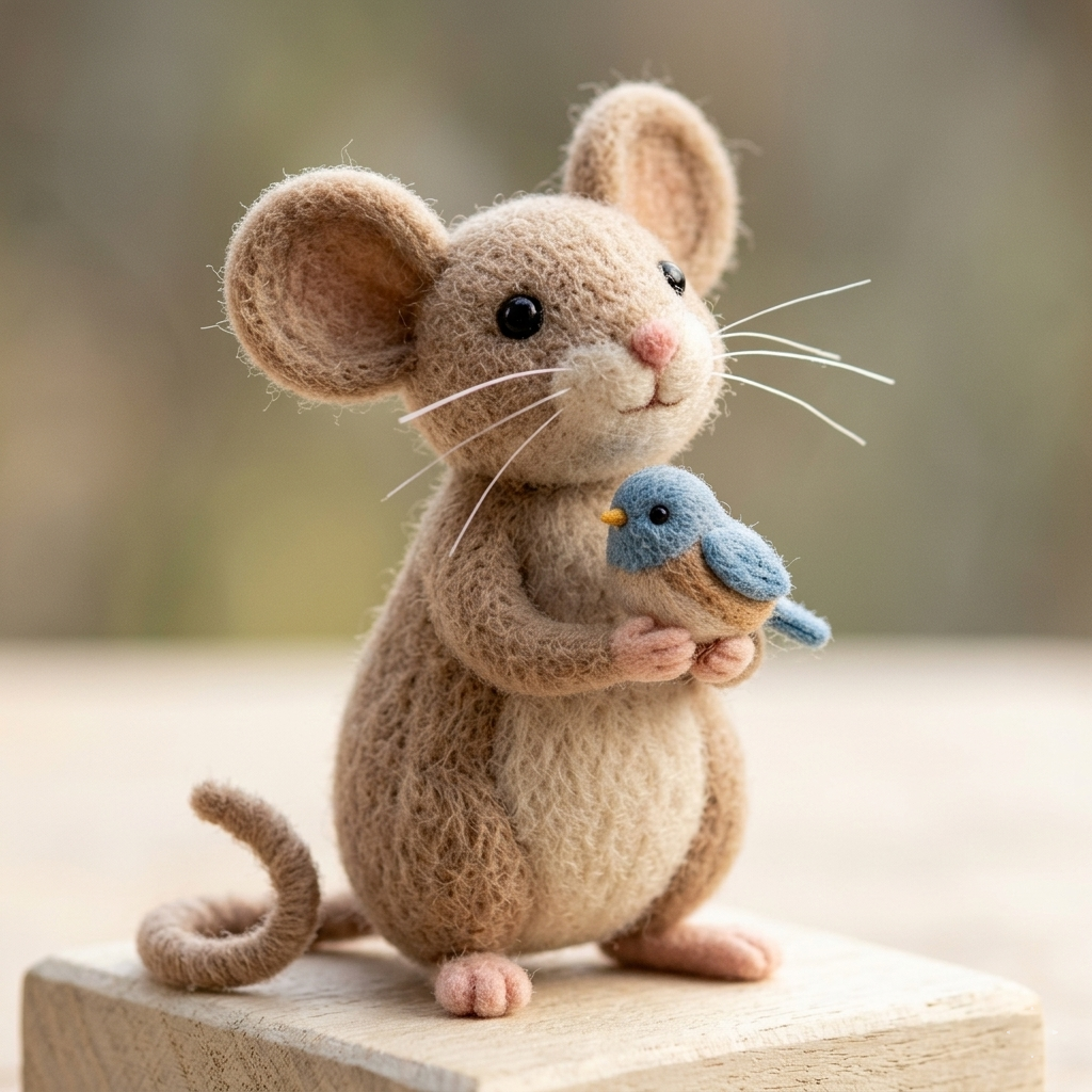 Handmade Wool Felt Mouse with Blue Bird Figurine – Cute Whimsical Woodland Decor