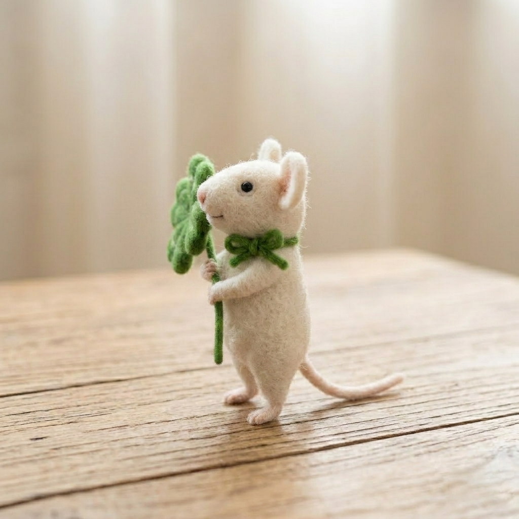 Handmade Wool Felt Lucky Clover Mouse Figurine – Whimsical Good Luck Decor