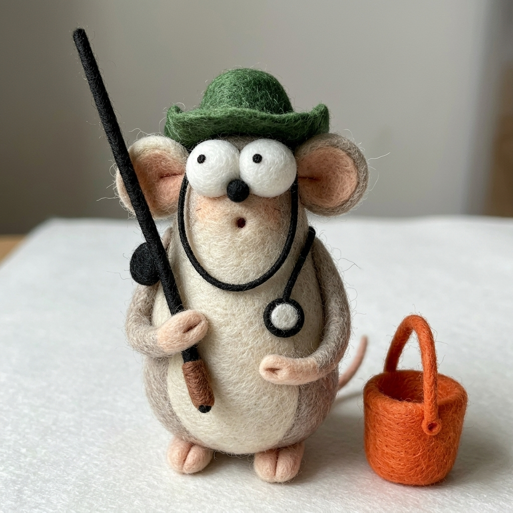 Handmade Wool Felt Fisherman Mouse Figurine – Cute Outdoor Themed Decor