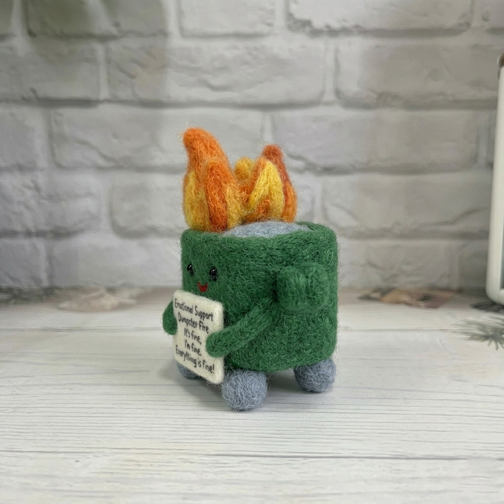 Handmade Wool Felt Emotional Support Dumpster Fire Figurine – Funny Relatable Desk Decor