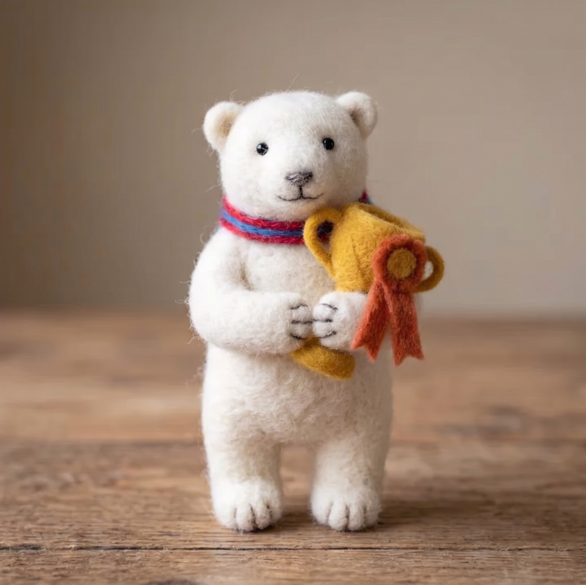 Handmade Wool Felt Polar Bear with Trophy Figurine – Cute Victory Decor