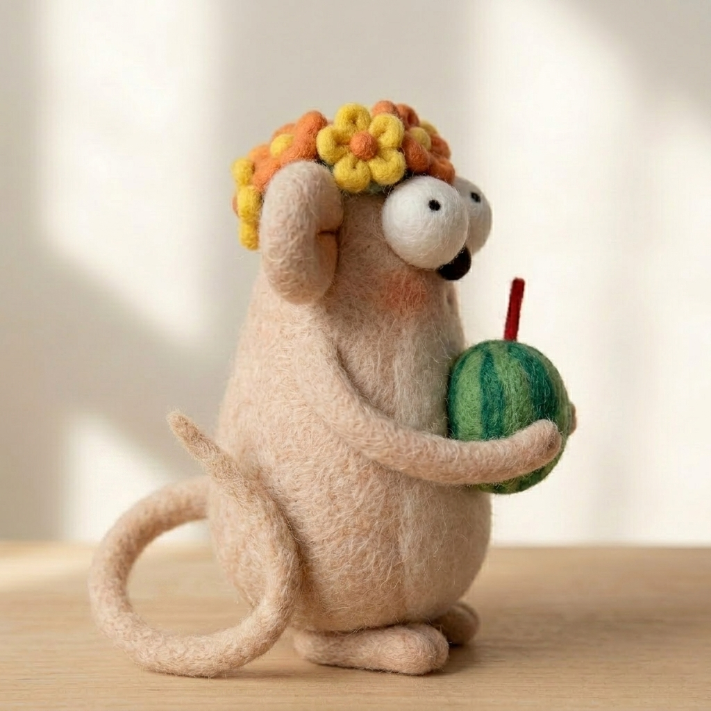 Handmade Wool Felt Summer Mouse with Watermelon Drink Figurine – Cute Whimsical Decor