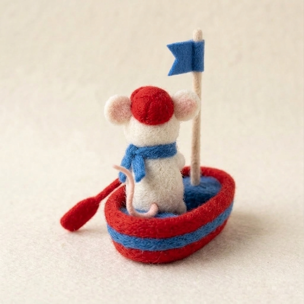 Handmade Wool Felt Sailor Mouse in Boat Figurine – Cute Whimsical Decor