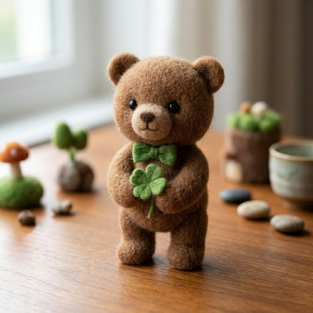 Handmade Wool Felt Lucky Clover Teddy Bear Figurine – Cute Whimsical Decor