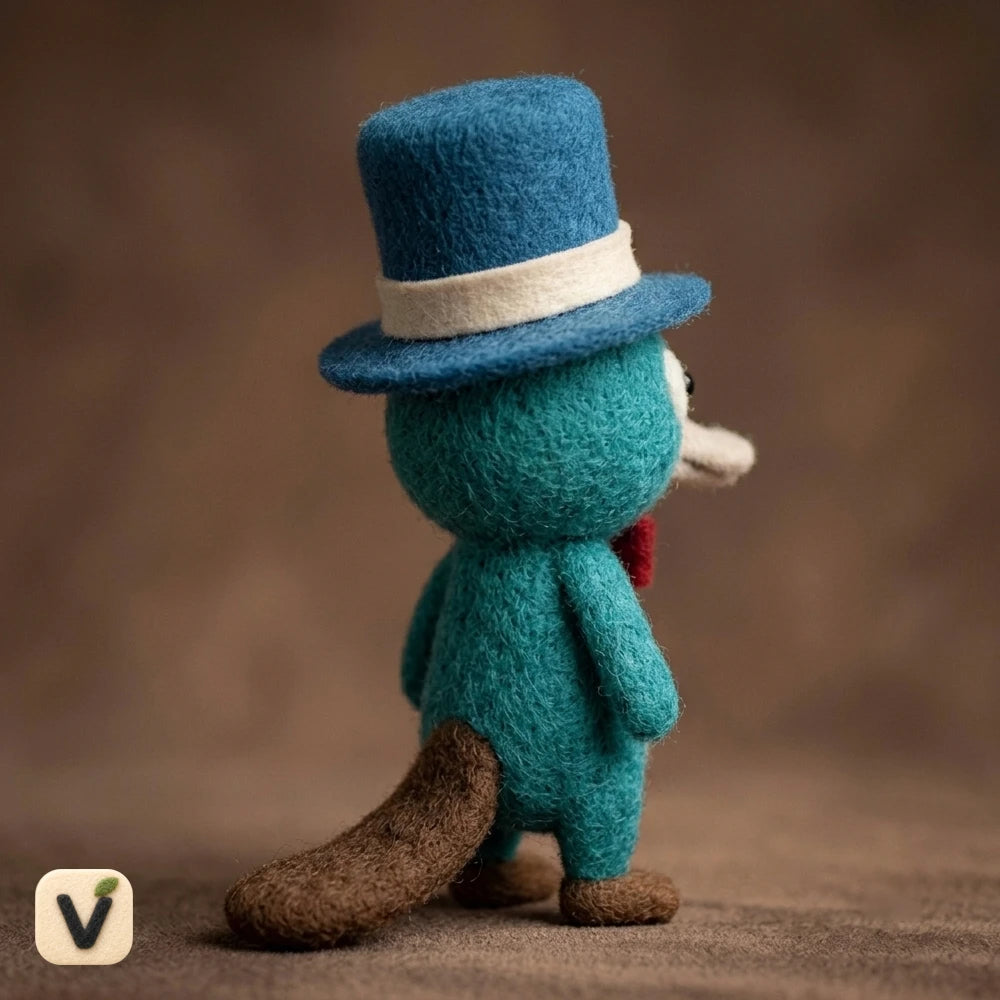 Handmade Wool Felt Gentleman Platypus Figurine with Blue Top Hat & Red Bow Tie – Novelty Australian Animal Desktop Decor