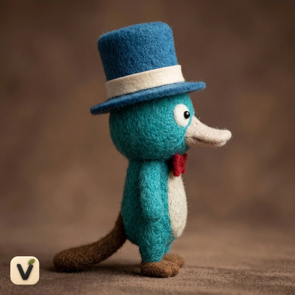 Handmade Wool Felt Gentleman Platypus Figurine with Blue Top Hat & Red Bow Tie – Novelty Australian Animal Desktop Decor