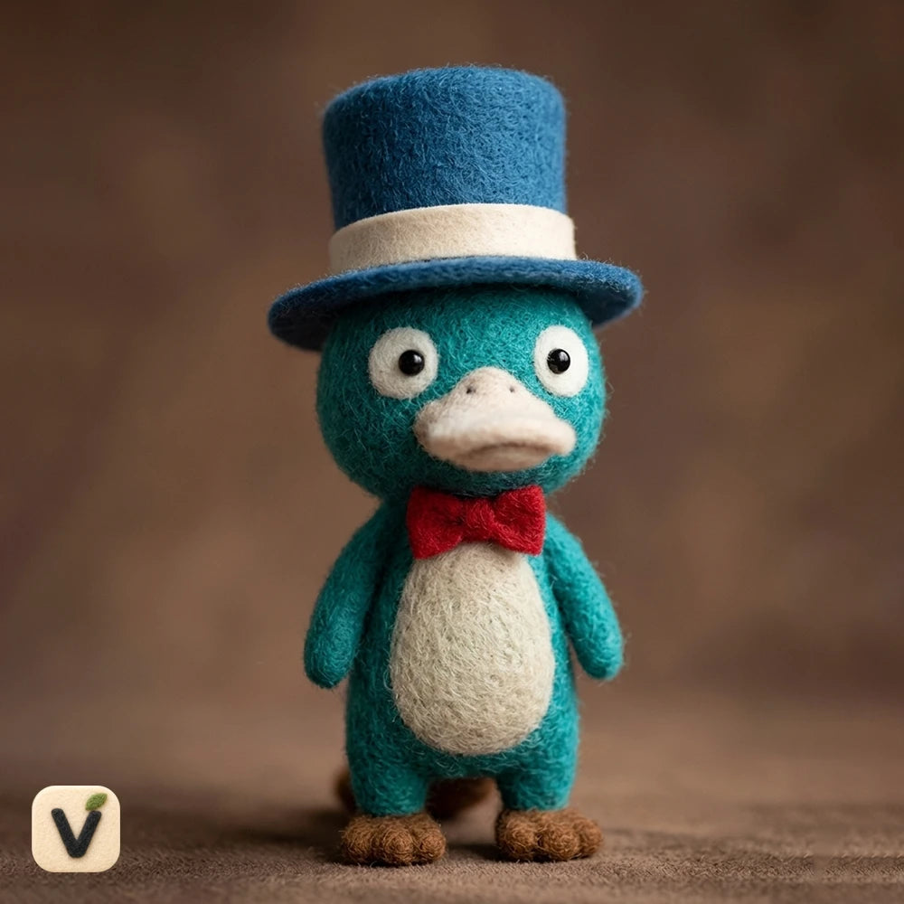 Handmade Wool Felt Gentleman Platypus Figurine with Blue Top Hat & Red Bow Tie – Novelty Australian Animal Desktop Decor
